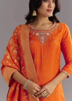Orange Viscose Silk Kurta Set With Moti Beads and Cut Dana Detailing