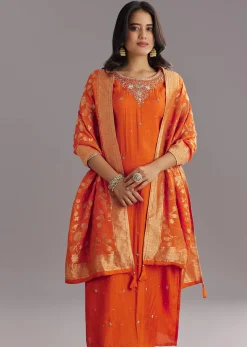 Orange Viscose Silk Kurta Set With Moti Beads and Cut Dana Detailing