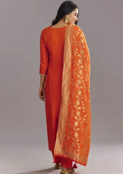 Orange Viscose Silk Kurta Set With Moti Beads and Cut Dana Detailing
