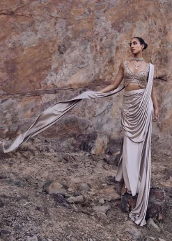 Oyster Beige Pre-Stitched Saree With Stylized Blouse
