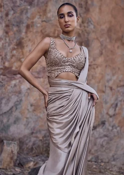 Oyster Beige Pre-Stitched Saree With Stylized Blouse
