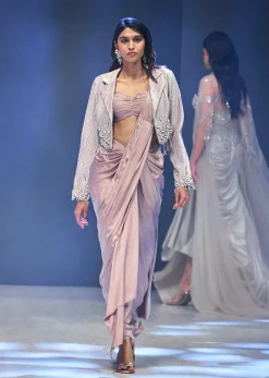 Oyster Beige Short Blazer With Blouse And Pre Stitched Saree