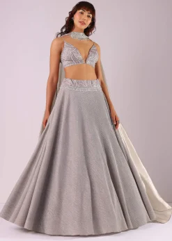 Oyster Grey Embroidered Lehenga Set In Knit With Choker Dupatta