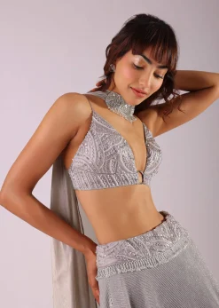 Oyster Grey Embroidered Lehenga Set In Knit With Choker Dupatta