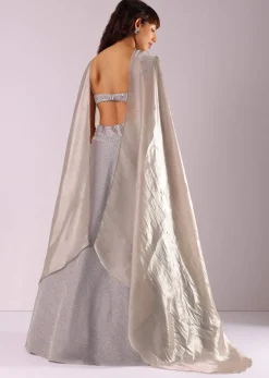 Oyster Grey Embroidered Lehenga Set In Knit With Choker Dupatta