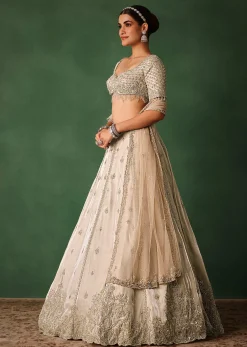 Oyster Hand Embroidered Organza Lehenga Set With Cutdana Work