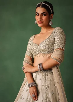 Oyster Hand Embroidered Organza Lehenga Set With Cutdana Work