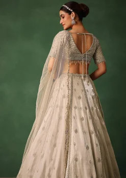 Oyster Hand Embroidered Organza Lehenga Set With Cutdana Work