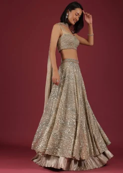 Oyster Net Lehenga And Crop Top With 3D Petal Motifs And An Open Back