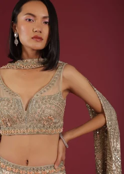 Oyster Net Lehenga And Crop Top With 3D Petal Motifs And An Open Back