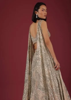 Oyster Net Lehenga And Crop Top With 3D Petal Motifs And An Open Back