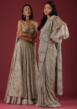 Oyster Net Lehenga And Crop Top With 3D Petal Motifs And An Open Back