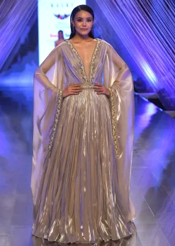 Oyster Organza Gown In Wide Sleeves, Crafted In Tissue Organza In A Deep V Neckline