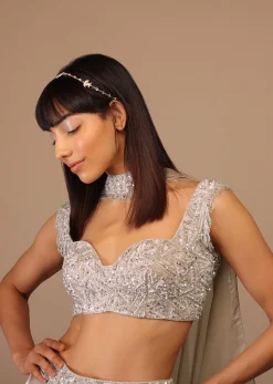 Oyster Organza Layered Skirt With Sleeveless Hand Embroidered Crop Top