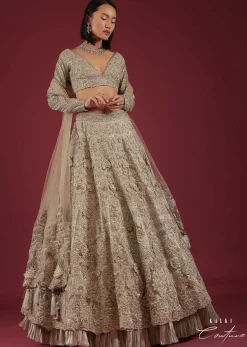 Oyster Royal Heritage Lehenga And Choli With Detailed Hand Embroidered Floral Kalis And Plunging Neckline