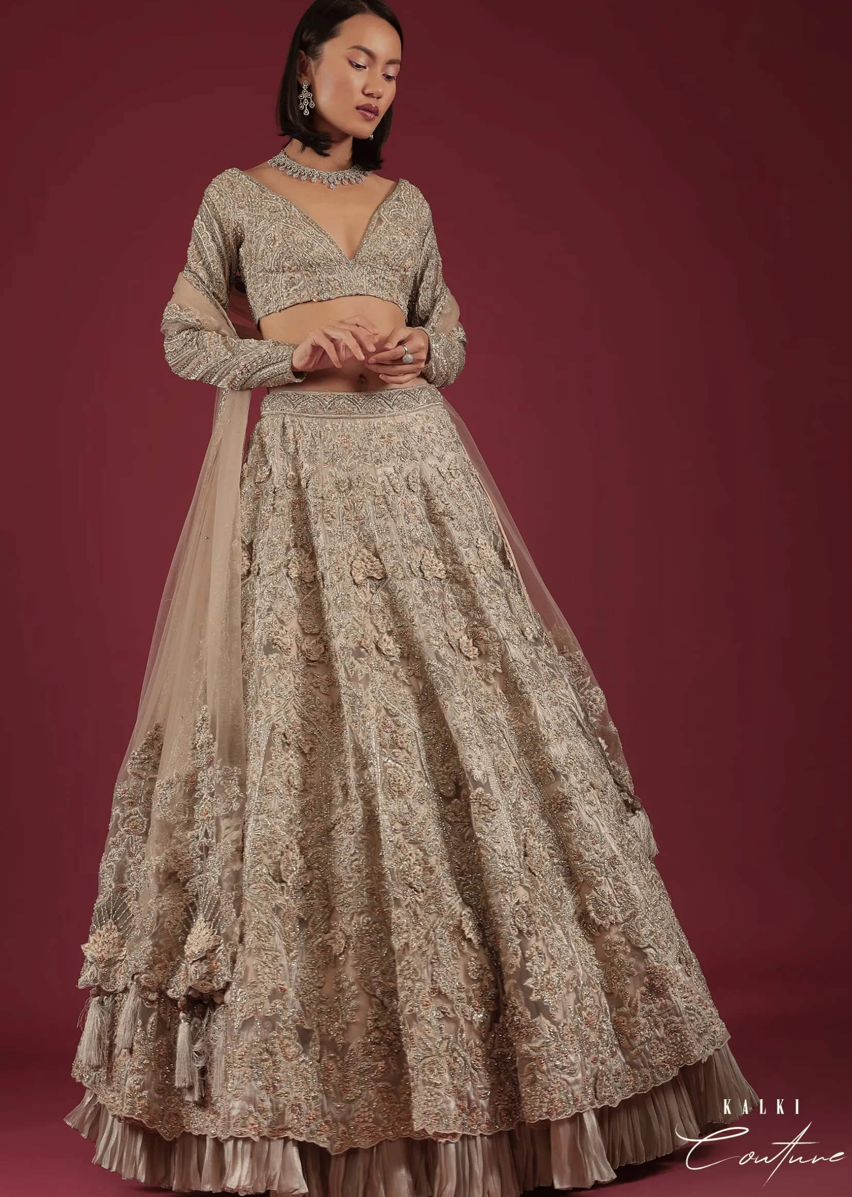 Oyster Royal Heritage Lehenga And Choli With Detailed Hand Embroidered Floral Kalis And Plunging Neckline