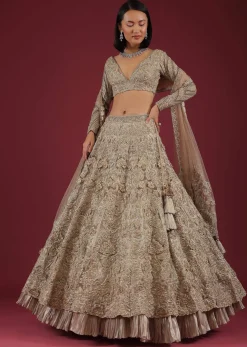 Oyster Royal Heritage Lehenga And Choli With Detailed Hand Embroidered Floral Kalis And Plunging Neckline