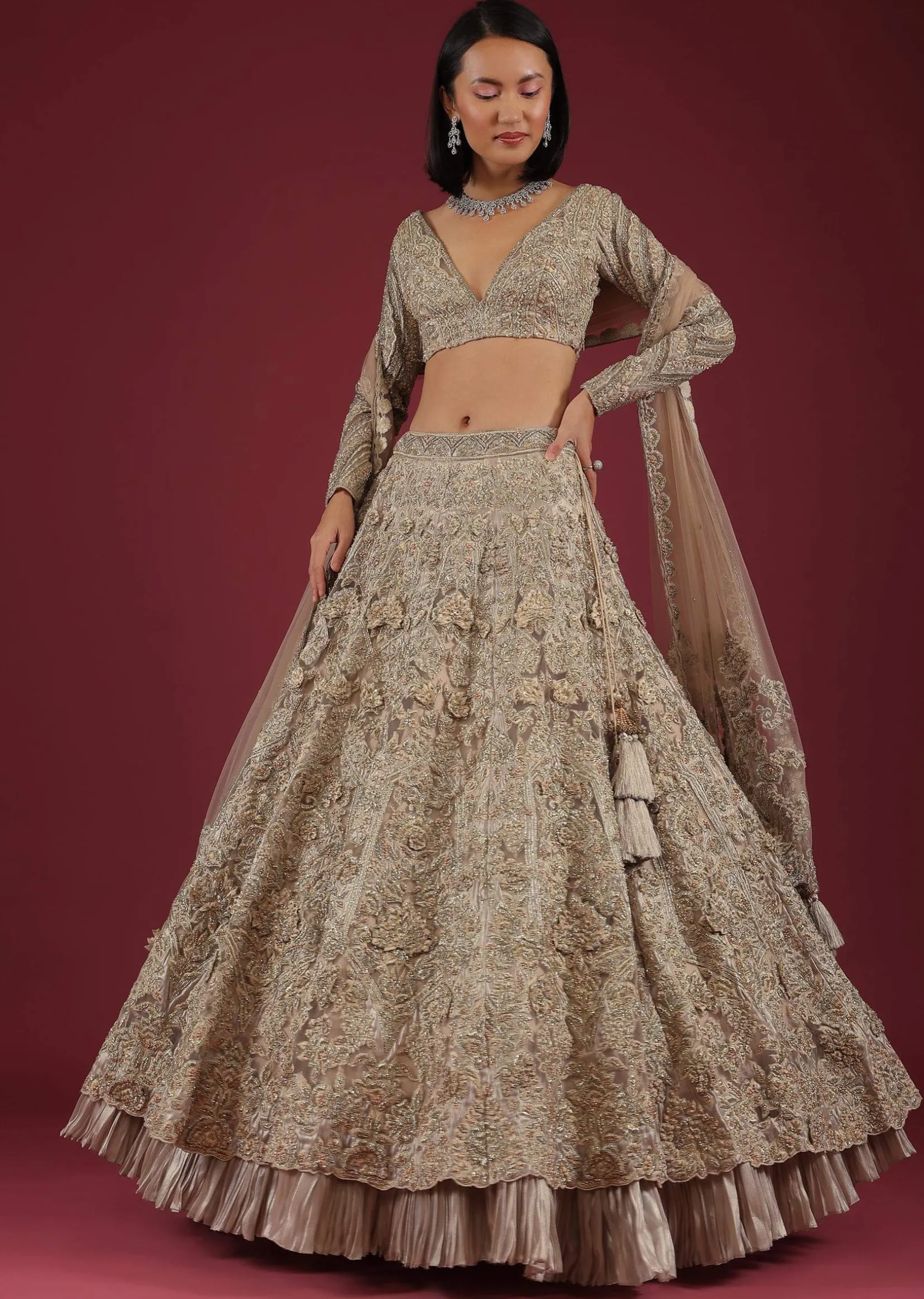 Oyster Royal Heritage Lehenga And Choli With Detailed Hand Embroidered Floral Kalis And Plunging Neckline