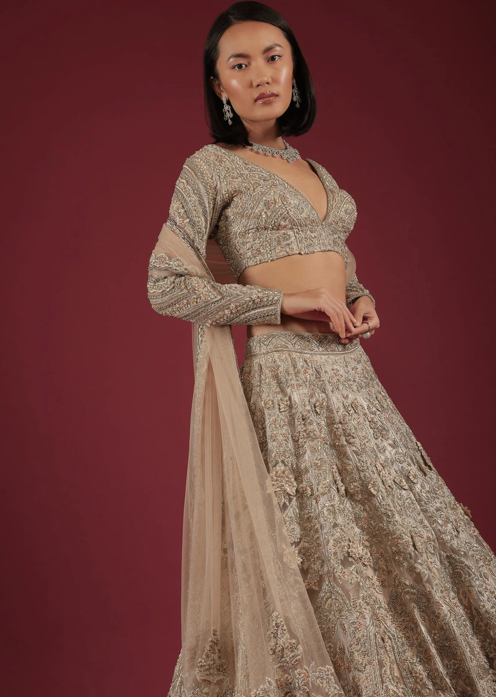Oyster Royal Heritage Lehenga And Choli With Detailed Hand Embroidered Floral Kalis And Plunging Neckline