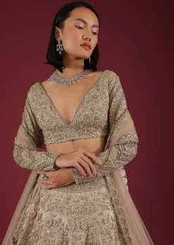 Oyster Royal Heritage Lehenga And Choli With Detailed Hand Embroidered Floral Kalis And Plunging Neckline
