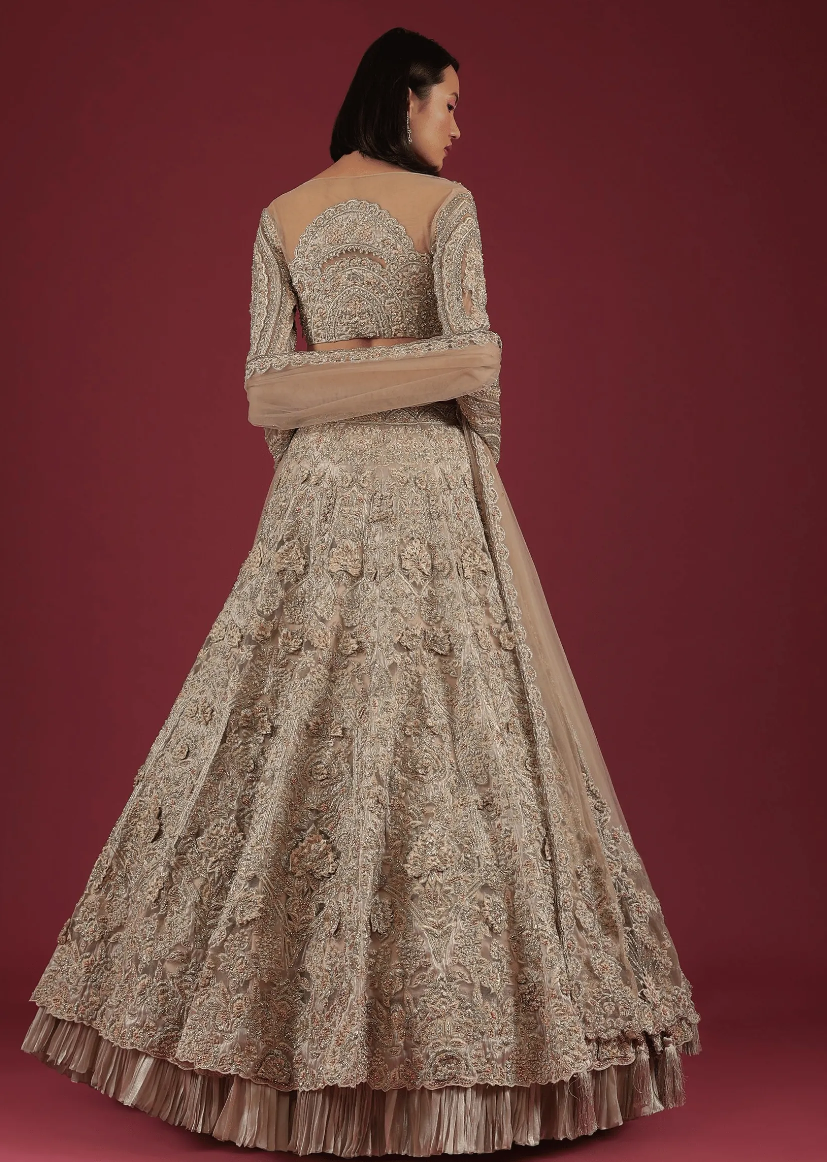 Oyster Royal Heritage Lehenga And Choli With Detailed Hand Embroidered Floral Kalis And Plunging Neckline