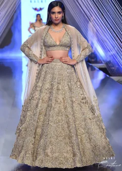 Oyster Royal Heritage Lehenga And Choli With Detailed Hand Embroidered Floral Kalis And Plunging Neckline