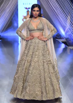 Oyster Royal Heritage Lehenga And Choli With Detailed Hand Embroidered Floral Kalis And Plunging Neckline
