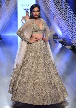 Oyster Royal Heritage Lehenga And Choli With Detailed Hand Embroidered Floral Kalis And Plunging Neckline