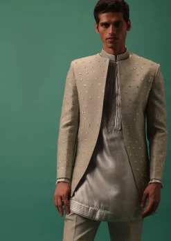 Oyster-Shaded Detailed Organza Kurta Set With Embroidered Jacket