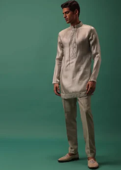 Oyster-Shaded Detailed Organza Kurta Set With Embroidered Jacket