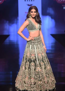Palace Green Lehenga Choli In Velvet With Multi Colored Hand Embroidered Heritage Kalis With Hints Of Flowers