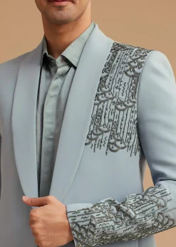 Pale Blue Cotton Satin Tuxedo With Handcrafted Cut Dana Work