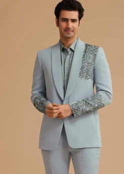 Pale Blue Cotton Satin Tuxedo With Handcrafted Cut Dana Work