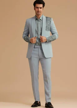 Pale Blue Cotton Satin Tuxedo With Handcrafted Cut Dana Work