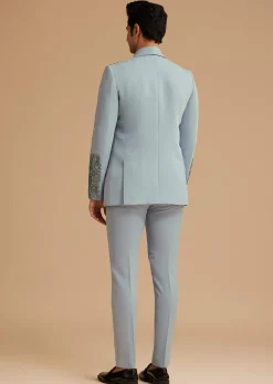 Pale Blue Cotton Satin Tuxedo With Handcrafted Cut Dana Work
