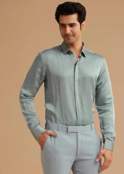 Pale Blue Cotton Satin Tuxedo With Handcrafted Cut Dana Work