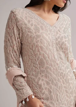 Pale Pink Beaded Kurti Pant Set With Dupatta