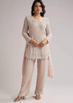 Pale Pink Beaded Kurti Pant Set With Dupatta