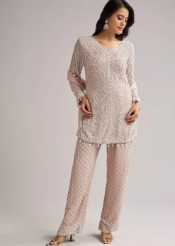 Pale Pink Beaded Kurti Pant Set With Dupatta