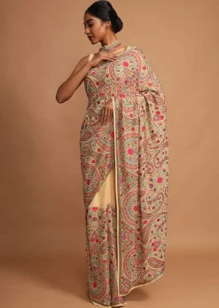 Parmesan Beige Saree With Kashmiri Embroidery In Floral Jaal Design