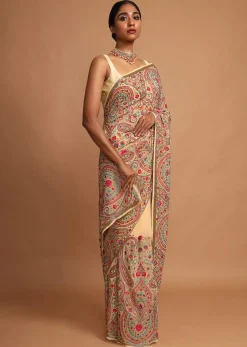 Parmesan Beige Saree With Kashmiri Embroidery In Floral Jaal Design