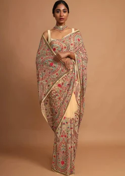 Parmesan Beige Saree With Kashmiri Embroidery In Floral Jaal Design