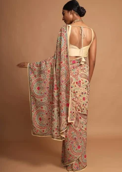 Parmesan Beige Saree With Kashmiri Embroidery In Floral Jaal Design