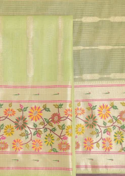 Parrot Green And Gold Paithani Woven Silk Dress Material