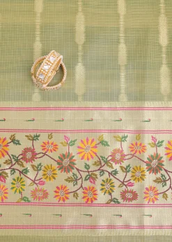 Parrot Green And Gold Paithani Woven Silk Dress Material