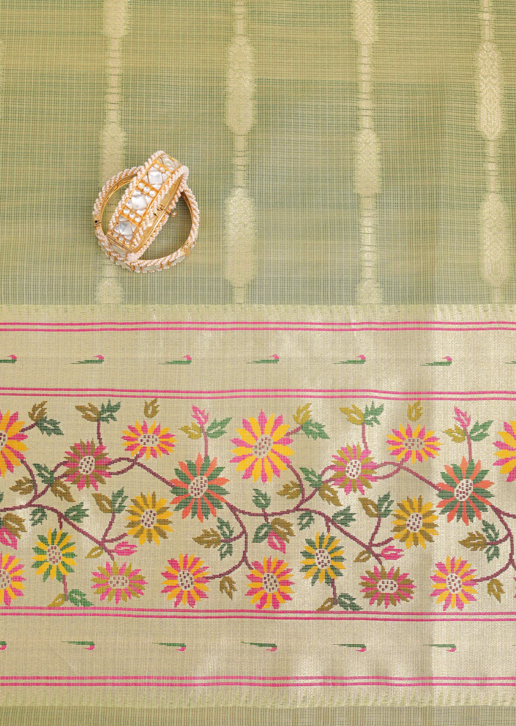 Parrot Green And Gold Paithani Woven Silk Dress Material
