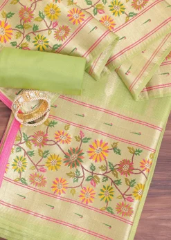 Parrot Green And Gold Paithani Woven Silk Dress Material