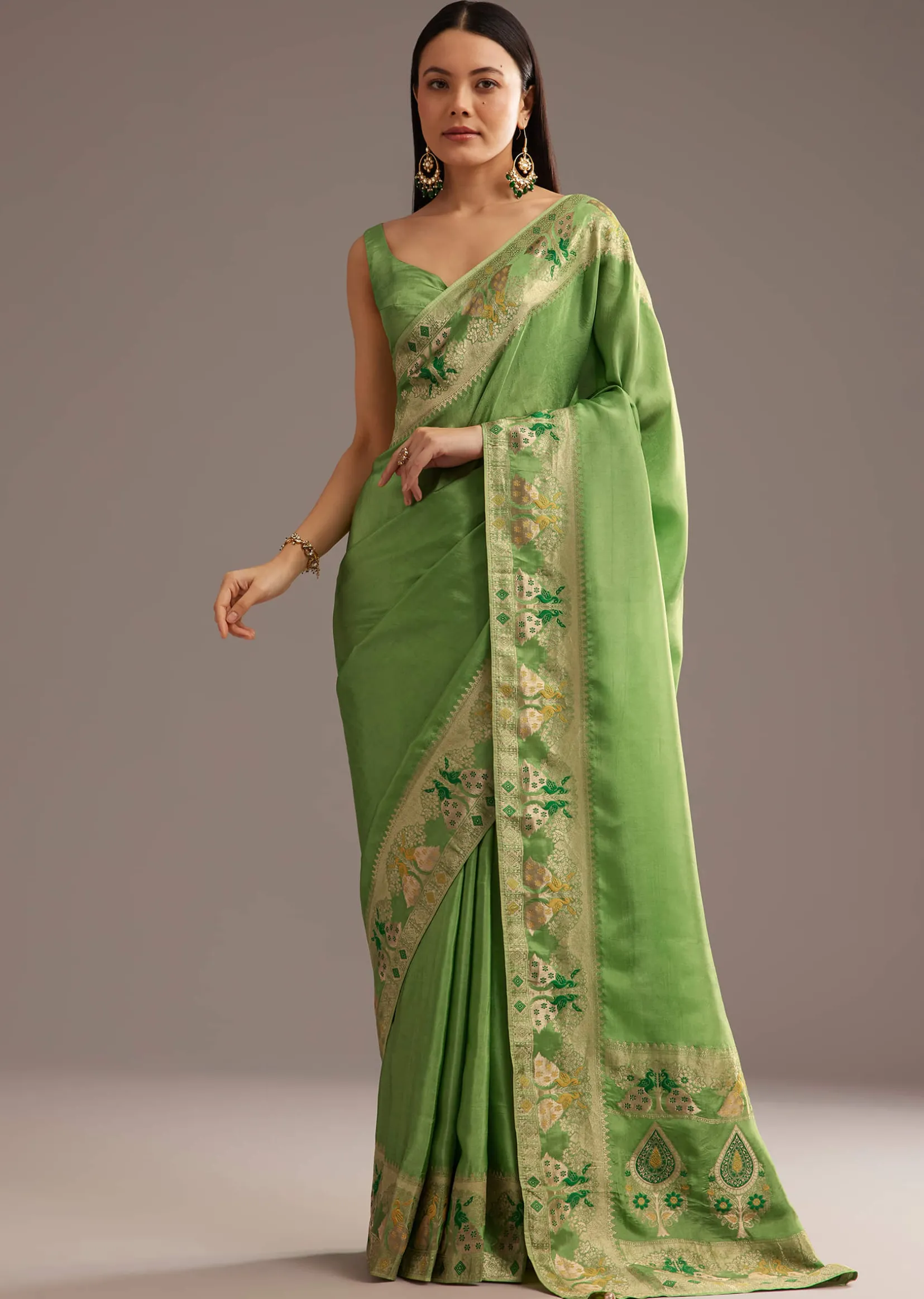 Parrot Green Crepe Silk Saree With Chanderi Zari Work