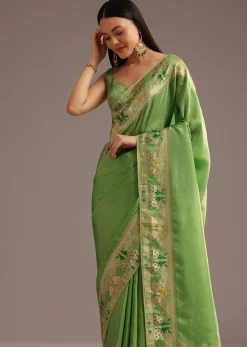Parrot Green Crepe Silk Saree With Chanderi Zari Work