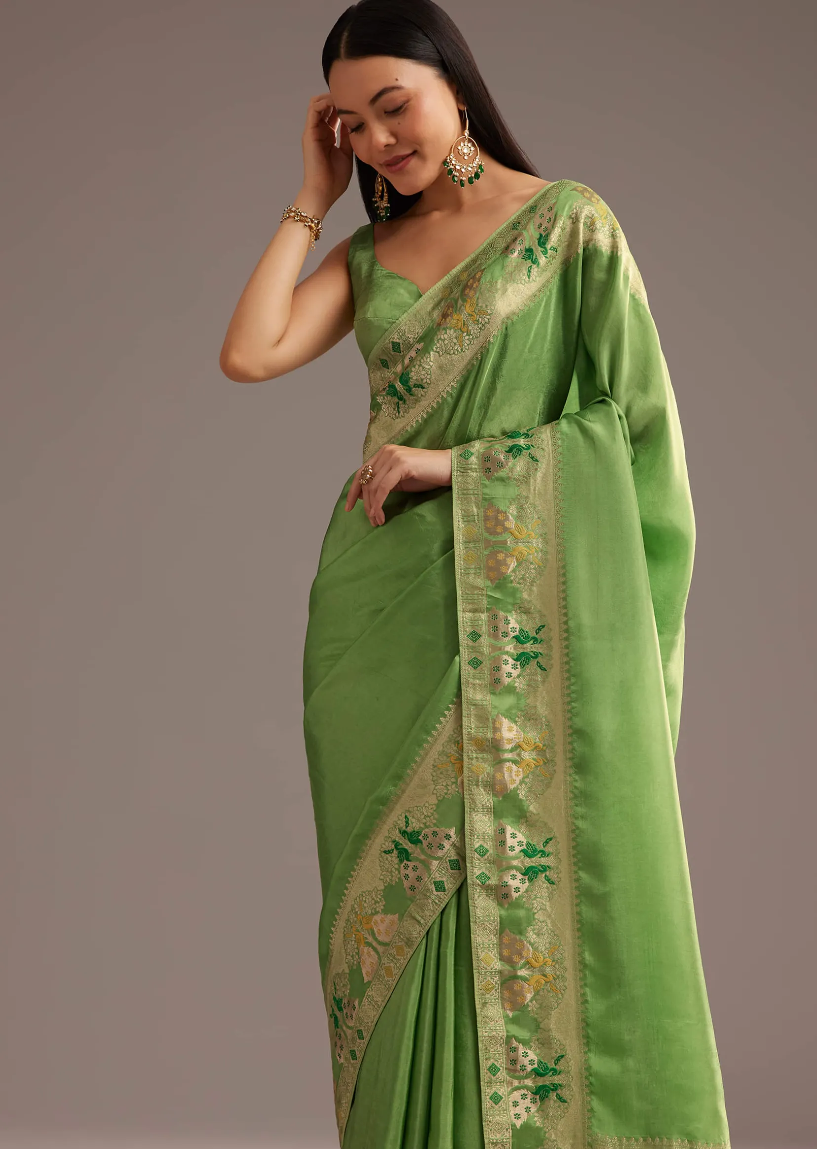 Parrot Green Crepe Silk Saree With Chanderi Zari Work